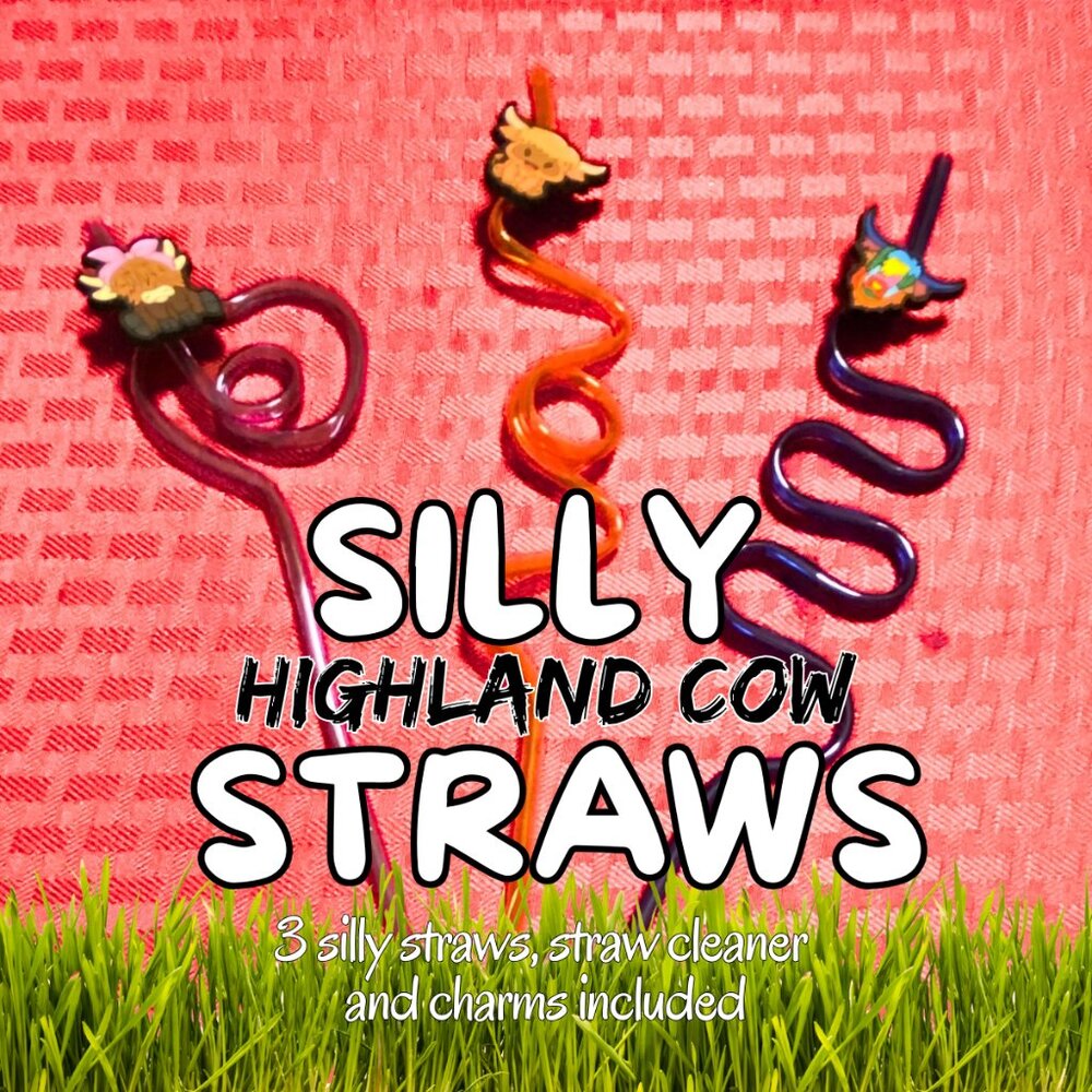 Silly Highland Cow Straw Bundle of 3 - PINK, ORANGE & BLUE